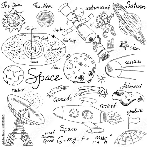 Space doodles icons set. Hand drawn sketch with Solar system, planets meteors and comats, Sun and Moon, radar, astronaut rocket and stars. vector illustration isolated background