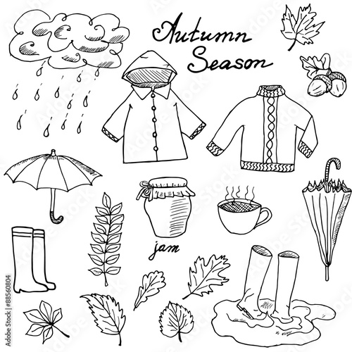 Autumn season set doodles elements. Hand drawn set with umprella cuo of hot tea, rain, rubber boots, clothes and leevs collection. Drawing doodle collection, isolated on white background