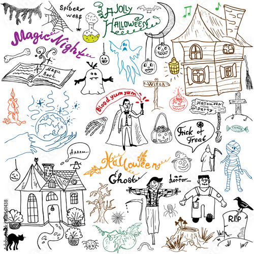 Sketch of halloween design elements with pumpkin, witch, black cat, ghost, skull, bats, spiders with web. Doodles set with Lettering, Hand-Drawn Vector Illustration on chalkboard background