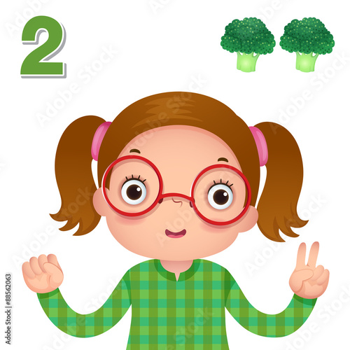 Kids learning material. Learn number and counting with kid’s hand showing the number two