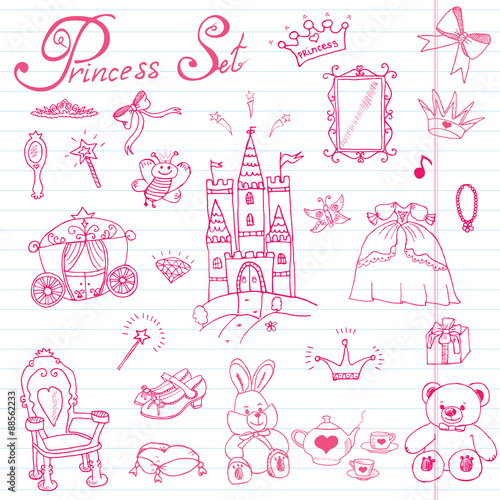 Hand drawn vector illustration set of princess sign, Castel, throne and carriage, magic wand, mirror, stuffed toy, croun and jewlery, cute items doodles elements