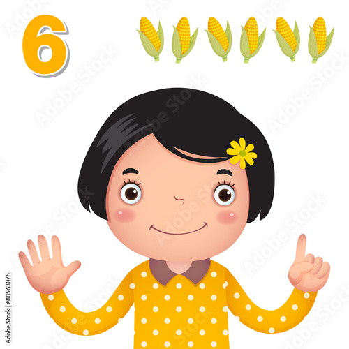 Kids learning material. Learn number and counting with kid’s hand showing the number six