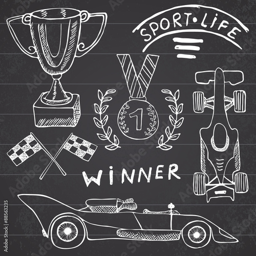 Sport auto items doodles elements. Hand drawn set with Flag icon. Checkered or racing flags first place prize cup. medal and rasing car, race vector illustration. Drawing doodle collection isolated