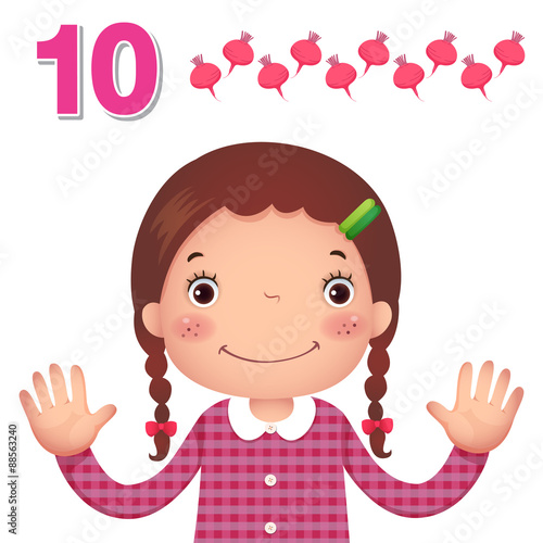 Kids learning material. Learn number and counting with kid’s hand showing the number ten