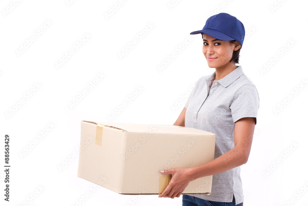 fast, happy, female delivery service staff with parcel or carton fast, happy, female delivery service staff with parcel or carton