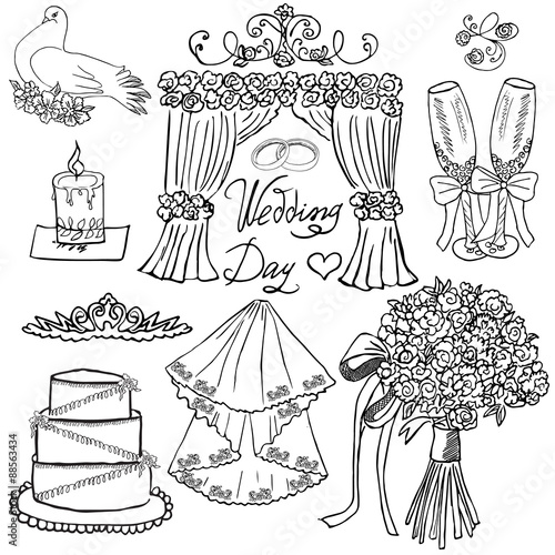 Wedding day elements. Hand drawn set with flowers, candle, glasses for champaign and festive attributes. Drawing doodle collection, isolated on white background