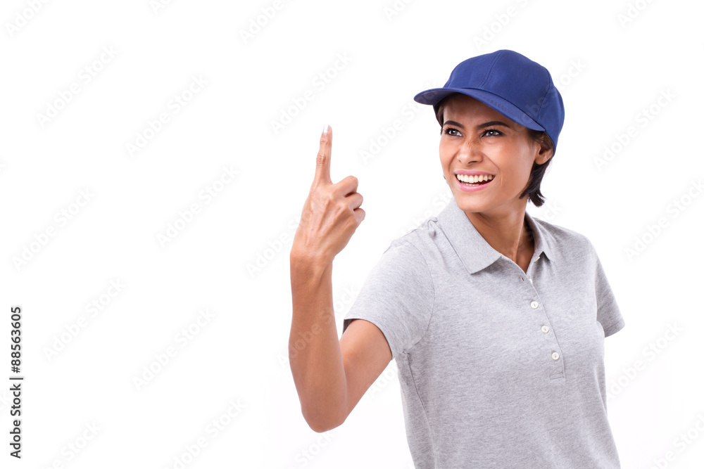 successful female worker pointing up at blank space successful female worker pointing up at blank space