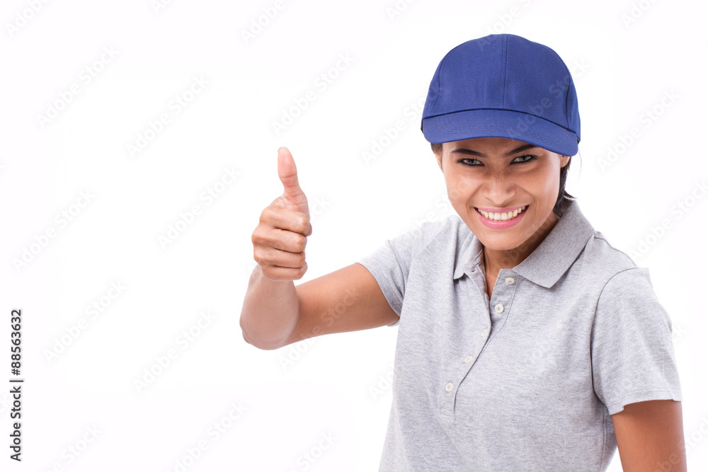 exited female service staff showing thumb up hand gesture, white