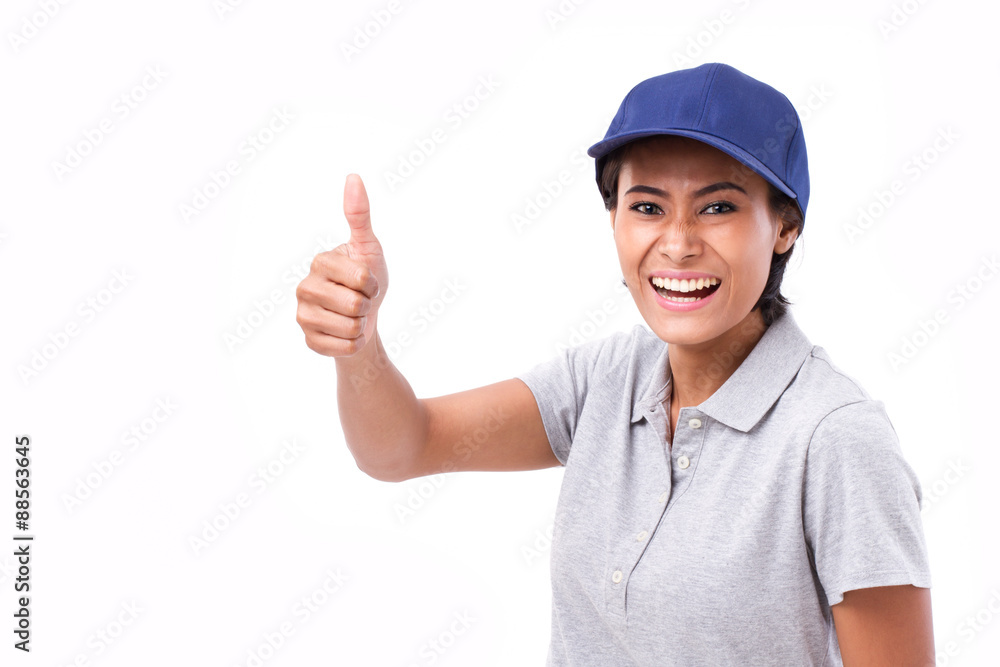 exited female service staff showing thumb up hand gesture, white
