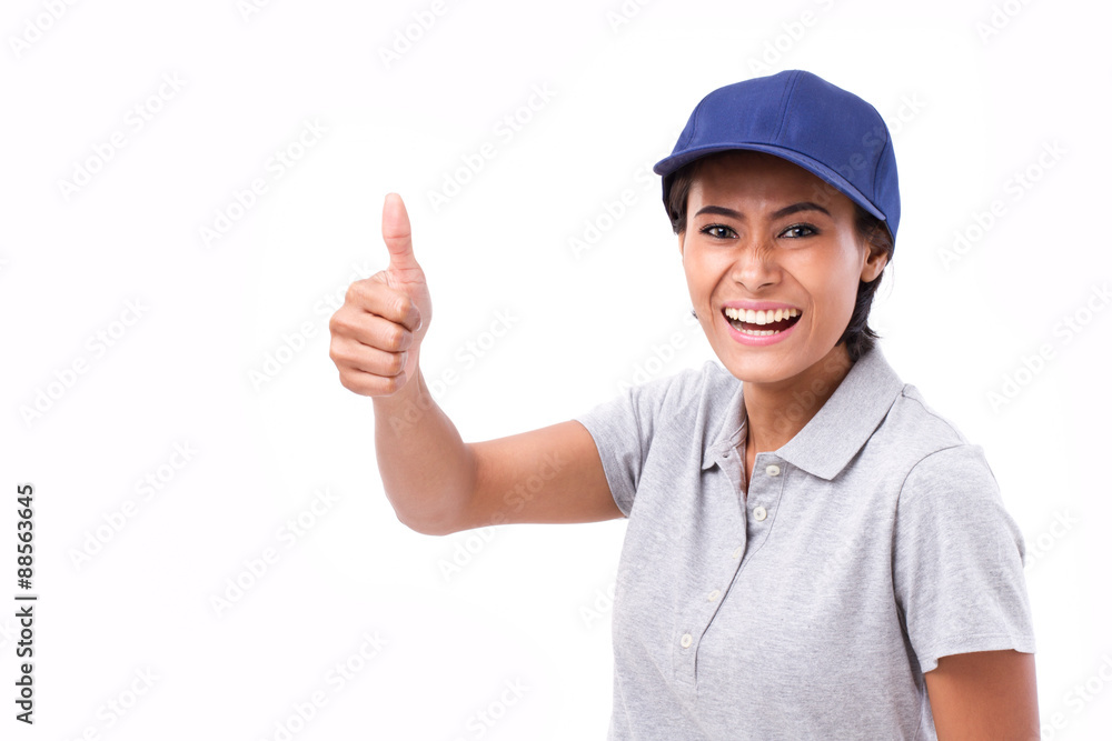 exited female service staff showing thumb up hand gesture, white exited female service staff showing thumb up hand gesture, white