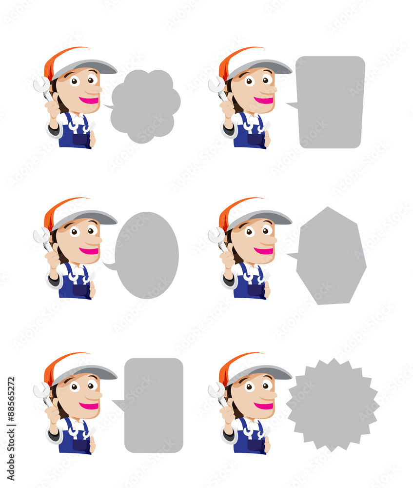 Set of smile mechanic cartoon wrench in hand with speech bubble,