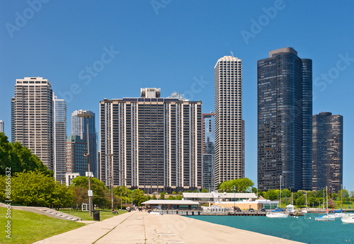 Chicago skyline and marina on a beautiufl summer day with blue sky