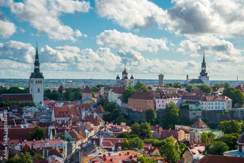 Scenic summer aerial panorama of the Old Town in Tallinn, Estonia