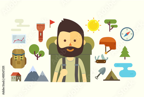 Flat cartoon couple with hiking equipment isolated on white