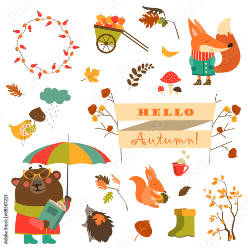 Set of cartoon characters and autumn elements