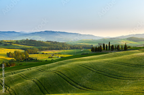 Sunset over a spring landscape of Tuscany fields, Italy