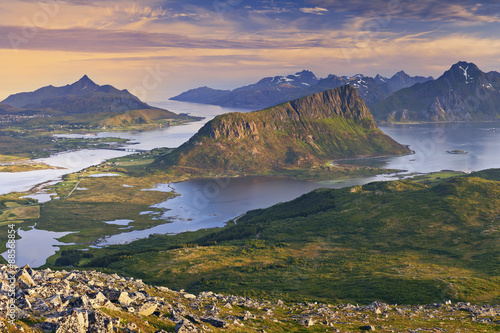 Norway. View of Lofoten Islands, located in Norway, taken from Holadsmelen, during summer sunset.