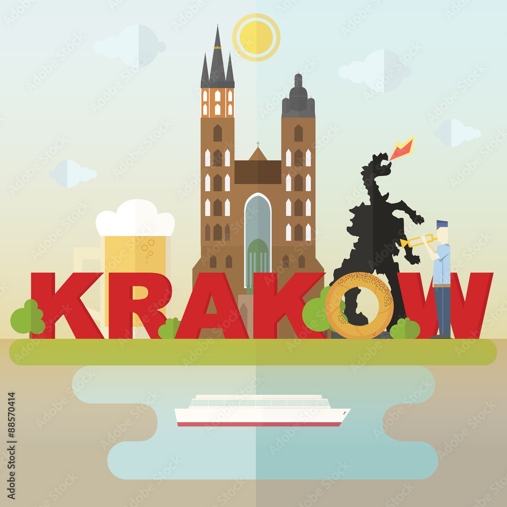 Naklejka premium Кrakow symbols. Most famous symbols of Krakow: cathedral, beer, dragon, krakow roll
