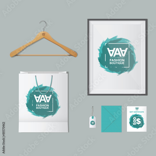 Mockup fashion boutique. Mockup with hanger for clothes, frame, shopping bag, clothing label, gift certificate