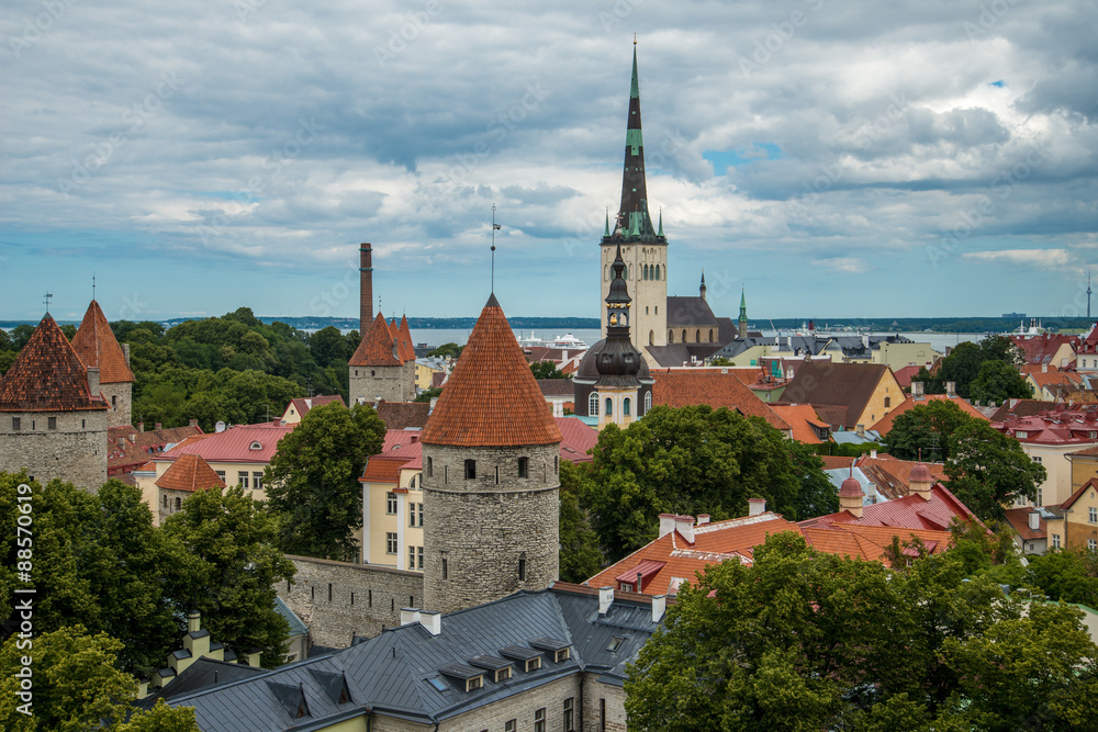 View of the old town with dramatic clouds. Tallinn, Estonia, Europe