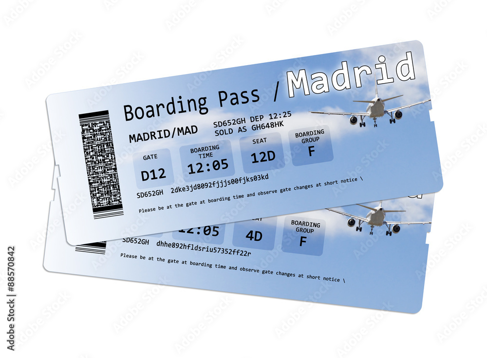 Obraz premium Airline boarding pass tickets to Madrid isolated on white