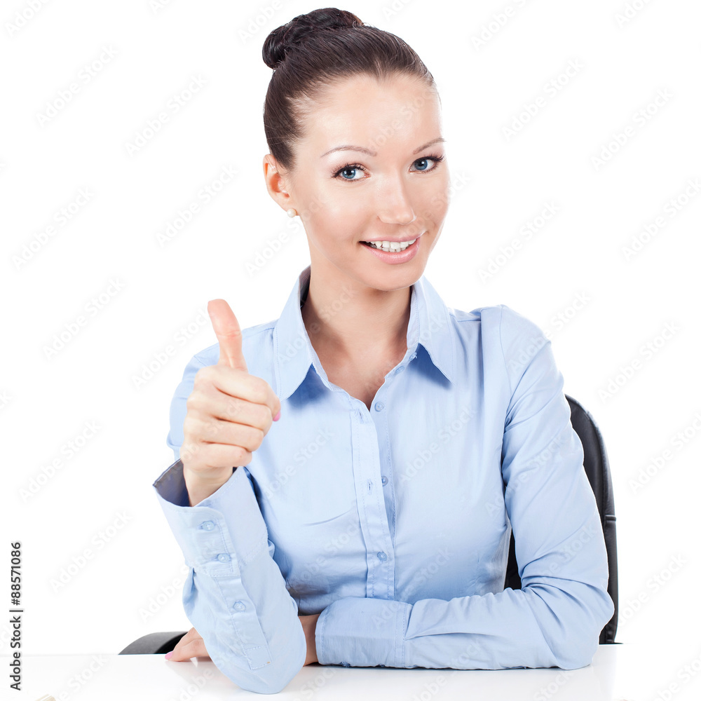 Businesswoman on workplace doing gesture thumbs up Businesswoman on workplace doing gesture thumbs up