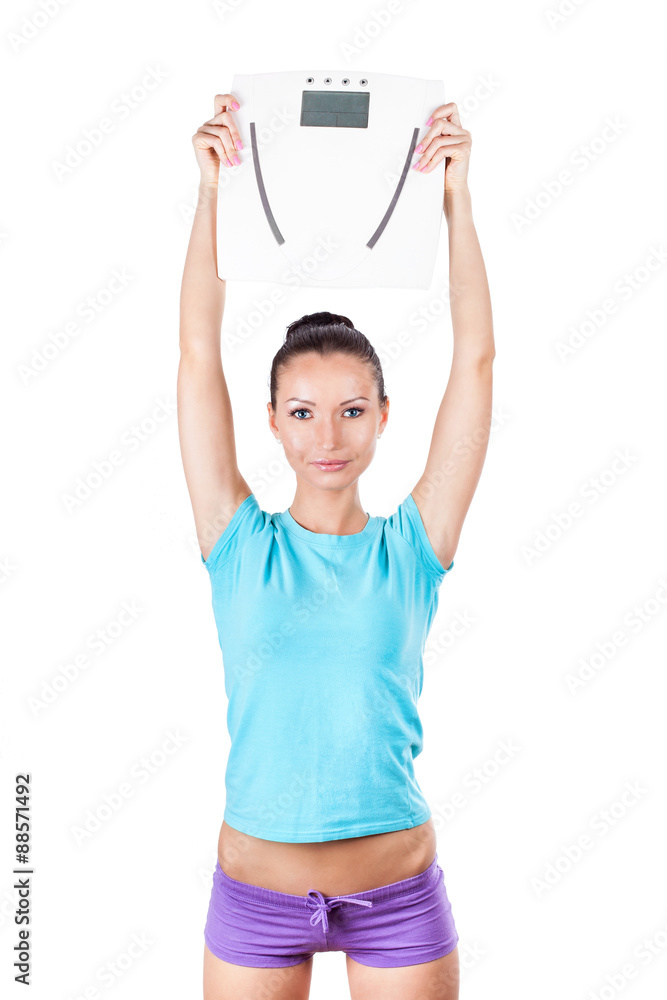 Diet and sport concept - woman with scale Diet and sport concept - woman with scale