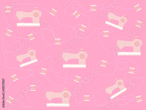 Stylized pink sewing machine with thread on a pink background