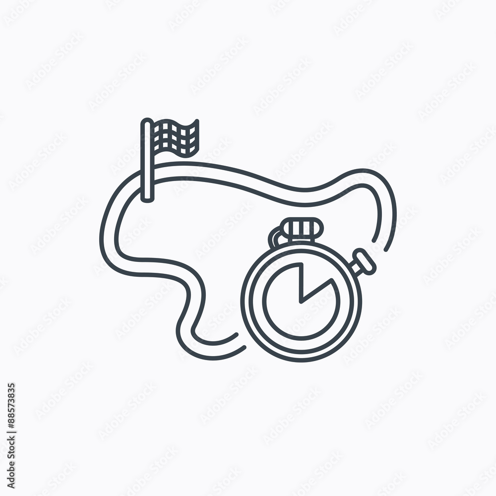 Race road icon. Finishing flag with timer sign. Race road icon. Finishing flag with timer sign.