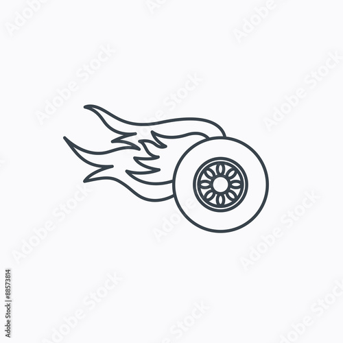 Wheel on fire icon. Race or Speed sign.