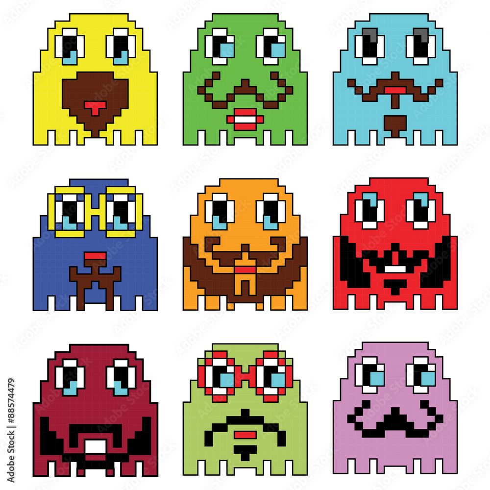 Pixelated Hipster emoticons  inspired  by 90's vintage video computer  games showing vary emotions with stroke 
