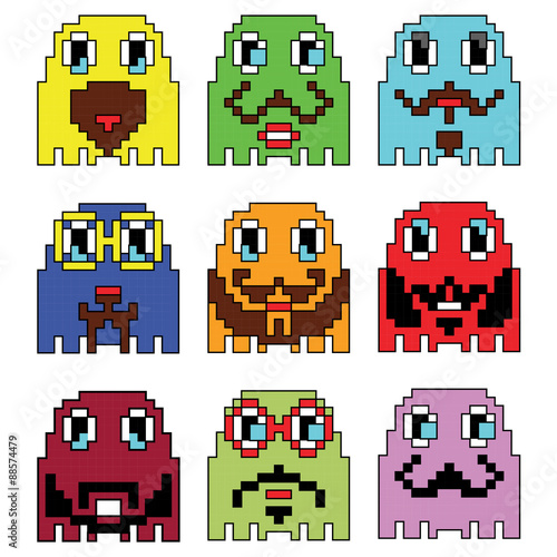 Pixelated Hipster emoticons  inspired  by 90's vintage video computer  games showing vary emotions with stroke    © zozodesign