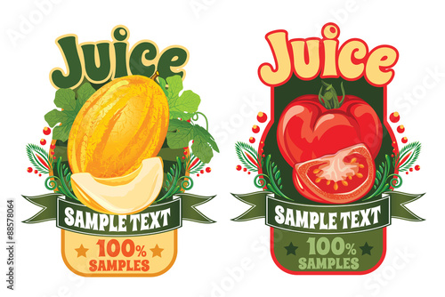 set of templates for labels of juice from the fruit of ripe sweet yellow melon and fresh red tomato