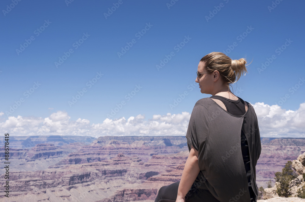 Grand Canyon hiker woman resting, portrait. Grand Canyon hiker woman resting, portrait.