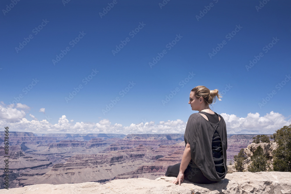 Grand Canyon hiker woman resting, portrait. Grand Canyon hiker woman resting, portrait.