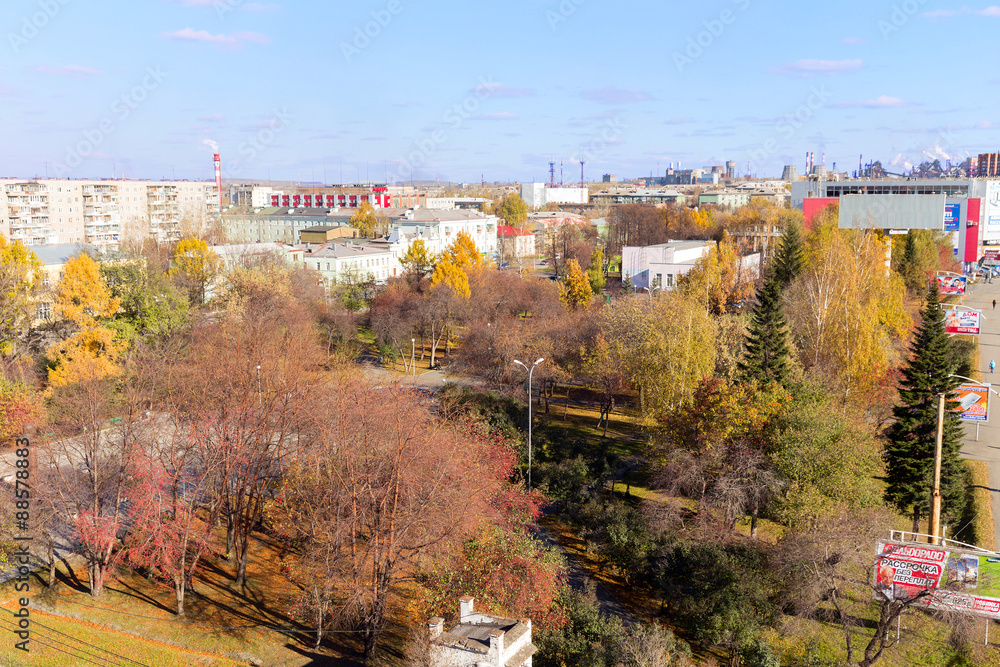 Bird's-eye view on the central city Nizhny Tagil. City with a population of 500 000 inhabitants