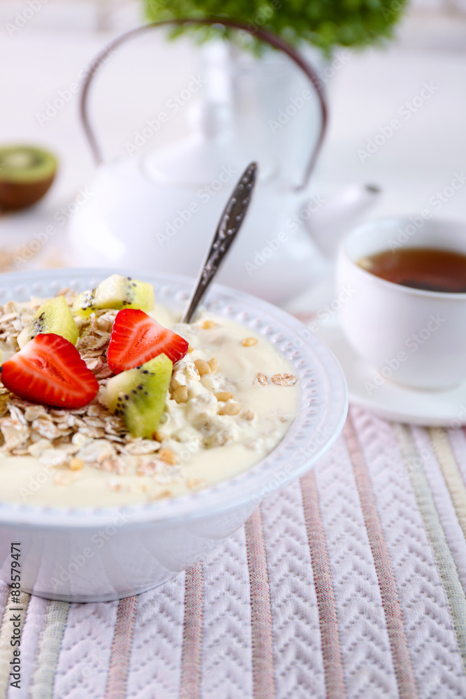 Healthy breakfast with homemade oatmeal, close up Healthy breakfast with homemade oatmeal, close up