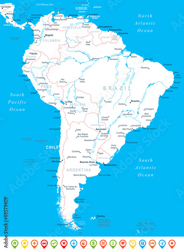 South America - map, navigation icons -highly detailed vector illustration.
