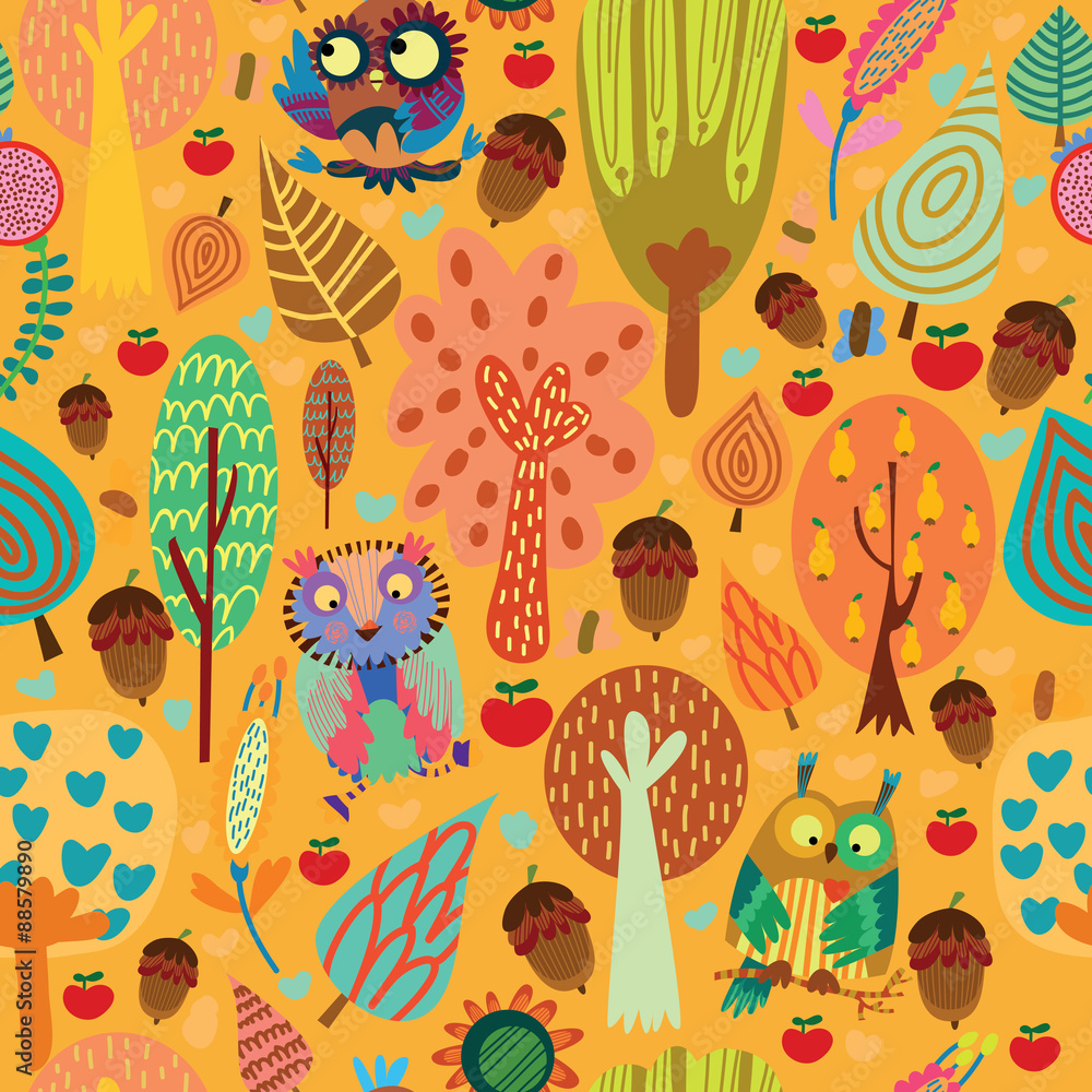 Fototapeta Outdoor concept seamless pattern.Cartoon trees and owls in vecto