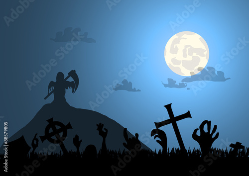 Vector : Zombie hands graveyard and death with halloween backgro