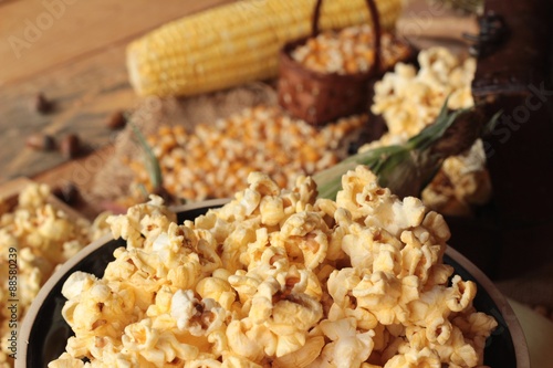 Popcorn and yellow dry corn grain with fresh corn.