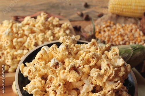 Popcorn and yellow dry corn grain with fresh corn.