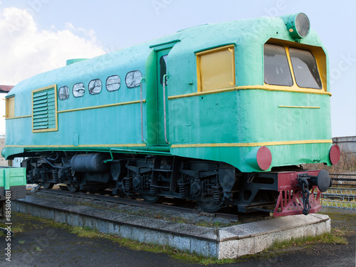 Green narrow gauge locomotive. The oldest narrow-gauge railway depot in Russia