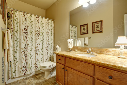 Modern bathroom with decorative shower curtain.