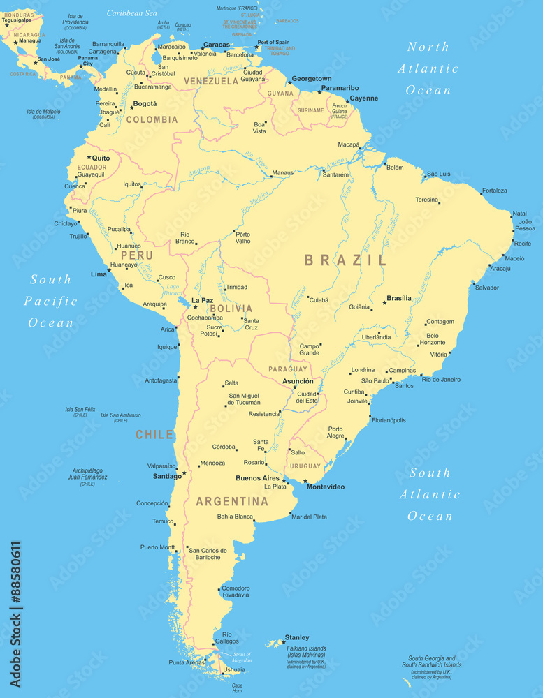 South America map - highly detailed vector illustration.