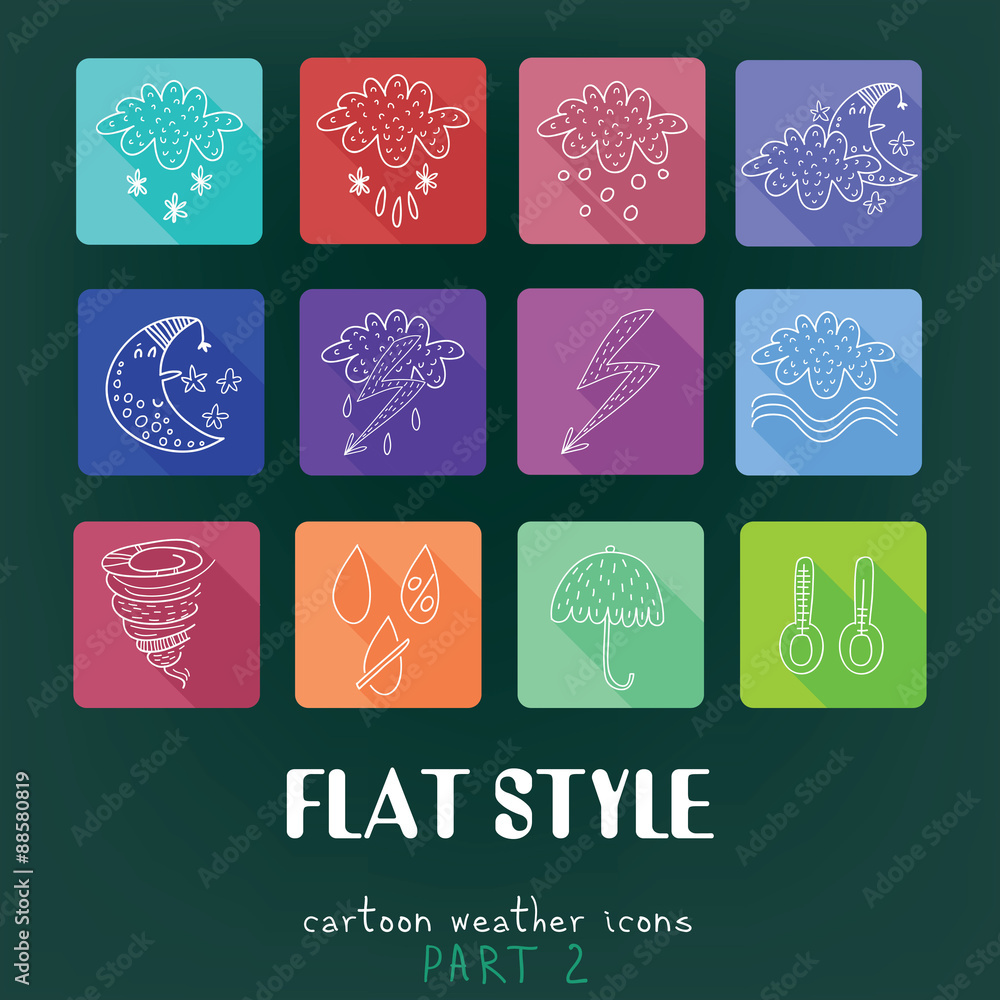 Cartoon flat icons vector collection with long shadow effect in