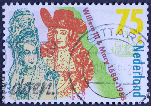 NETHERLANDS - CIRCA 1988  a stamp printed in the Netherlands shows Coronation of William III and Mary Stuart  King and Queen of England  300th anniversary  circa 1988 