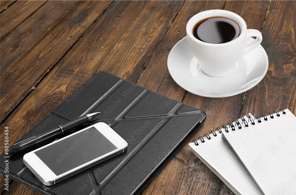 Coffee Break, desk, notebook. Coffee Break, desk, notebook.