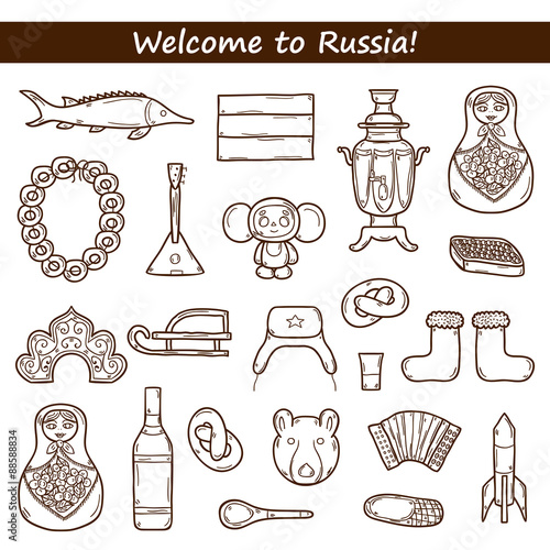 Set of hand drawn objects on Russia theme: balalaika, vodka