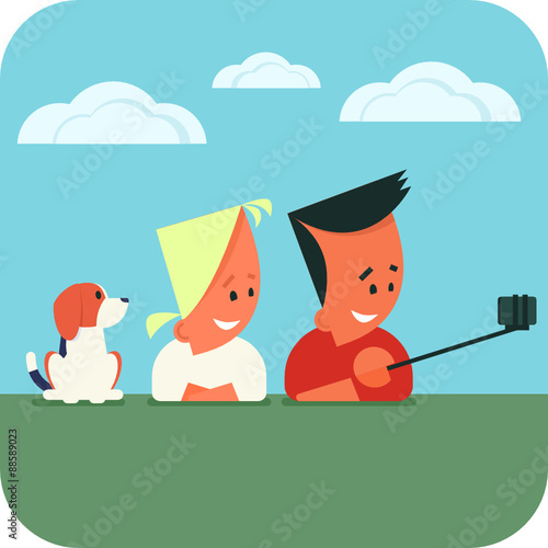 Young couple with dog lying on the grass and taking selfie using smartphone and selfie stick. Vector illustration.